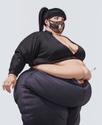 ai_generated azami_(rainbow_six) bbw ben03020 big_belly button_pop mouth_mask rainbow_six_siege ssbbw undersized_clothes weight_conscious weight_gain