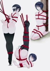 arms_behind_back bandaged_head bandages big_ass black_legwear black_thighhighs blush bondage dark_purple_hair dildo dildo_in_pussy expressionless eye_patch female female_only full_body genderswap_(mtf) gintama green_eyes looking_back multiple_scenes n-e-g-aaaa one_eye_closed pale-skinned_female pale_skin pubic_hair purple_eyes restrained rope rope_bondage rope_harness rule_63 sex_toy short_hair sitting small_breasts solo sparse_pubic_hair suspension takasugi_shinsuke thighhighs very_short_hair