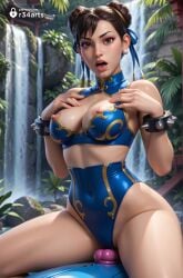 1girls ai_generated bare_shoulders bikini blue_bikini bracelet breasts brown_eyes brown_hair chun-li cleavage double_bun earrings hair_bun hi_res jewelry lips looking_at_viewer makeup medium_breasts nipples open_mouth r34arts solo spiked_bracelet spikes street_fighter street_fighter_6 swimsuit thighs