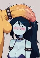 adventure_time ai_generated areolae_slip black_hair blush bowser choker long_hair marceline penis_on_head veiny_penis