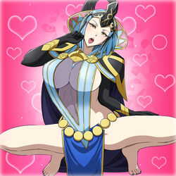 1girls arete_(fire_emblem) bare_legs barefoot blue_hair blush breasts cape covering covering_nipples elbow_gloves female fire_emblem fire_emblem_fates gloves heart helmet highres huge_breasts legs looking_at_viewer milf nintendo no_bra no_panties no_underwear parted_lips pink_background see-through short_hair sideboob simple_background smile solo solo_female source_request squatting thighs yellow_eyes yuki_(12cut)