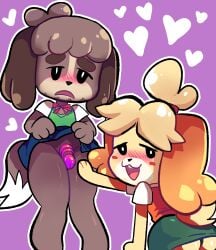 absurd_res animal_crossing anthro biped blush blush_stickers bottomwear brother_(lore) brother_and_sister_(lore) brown_body brown_fur canid canine canis chastity_cage chastity_device clothed clothing clothing_lift crossdressing digby_(animal_crossing) digital_media_(artwork) domestic_dog duo female floppy_ears fur genitals hair hair_bun hand_on_leg hand_on_thigh heart_symbol hi_res incest_(lore) isabelle_(animal_crossing) kneeling knock-kneed looking_at_viewer male male/female mammal nintendo penis pink_chastity_cage shih_tzu sibling_(lore) simple_background sister_(lore) skirt skirt_lift submissive submissive_male tail tied_hair toy_dog upskirt wafflecat yellow_body yellow_fur