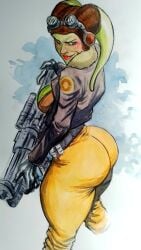 1girls alien ass big_ass bubble_butt fat_ass female green_skin gun hera_syndulla huge_ass roberto_jaramillo solo star_wars star_wars_rebels traditional_media_(artwork) watercolor_(artwork)