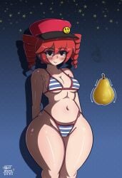 1girls 2d 2d_(artwork) bikini blush bottom_heavy breasts cleavage cleft_of_venus curvaceous curvy curvy_female fabstdraws female female_only fruit hat hourglass_figure huge_hips huge_thighs kasane_teto kasane_teto_(sv) medium_breasts meme meme_reference mesmerizer_(vocaloid) mesmerizer_teto navel pear_shaped_female red_eyes red_hair small_bikini solo solo_female synthesizer_v thick_thighs thighs twin_drills utau wide_hips