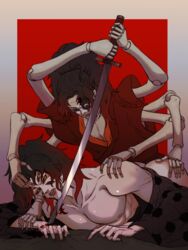 6_arms 6_eyes anal blood brothers dark_hair demon_slayer doll doll_joints forced_yaoi from_behind grab_(artist) grabbing_sheets japanese_clothes kimetsu_no_yaiba kimono kokushibo male male_only michikatsu_tsugikuni multi_arm multi_eye multi_limb muscular_male pinned_down ponytail puppet rape red_background sword twins yaoi yoriichi_puppet yoriichi_tsugikuni