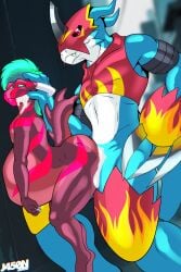 2:3 absurd_res against_surface against_wall anal anal_sex anthro bandai_namco big_dom_small_sub bodily_fluids cum cum_inside digimon digimon_(species) dominant dragon flamedramon genital_fluids graker hi_res inflation inflation j450n2080 male male/male mythological_creature mythological_scalie mythology penetration scalie size_difference size_play solo stomach_bulge