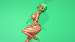 big_breasts dark-skinned_female dark_skin elbow_pads emerald_sustrai exposed_breasts green_background green_hair huge_breasts koikatsu nakadashi_(artist) nipples panties panties_only red_eyes rwby side_view thick_thighs thighs toned toned_body toned_female toned_stomach