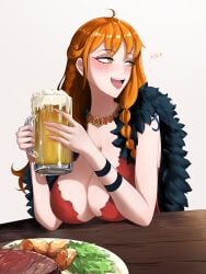 1girls alcohol alcoholic_drink beer big_breasts blush cleavage drunk female female_only long_hair nami nami_(one_piece) one_piece one_piece:_elbaf_arc opalisart orange_hair post-timeskip smiling solo tagme