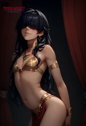 1boy ai_generated bikini bikini_top black_hair bra choker crossdressing ear_piercing earrings femboy flat_chest gay hair hair_over_eyes ilfb jewelry long_hair looking_at_viewer looking_down smile smiling smiling_at_viewer standing trap yaoi