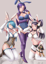 3girls alternate_costume armpits bare_midriff bare_thighs blue_eyes blue_hair bunny_ears bunny_girl bunnysuit cleavage detached_sleeves earrings elbow_gloves female_only fire_emblem fire_emblem:_radiant_dawn fire_emblem:_the_blazing_blade fire_emblem_fates garter_straps gesture glowing hair_over_one_eye large_breasts leotard light_blue_eyes light_blue_hair long_sleeves lucia_(fire_emblem) medium_hair midriff multiple_girls nintendo orochi_(fire_emblem) purple_eyes purple_hair rinku_bny short_hair thigh_boots thighhighs ursula_(fire_emblem)