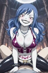 1boy 1girls ai_generated big_breasts big_smile black_lipstick blue_hair cleavage colored_skin corrupted corruption corset cowgirl_position crazy_eyes enemy_conversion evil evil_grin evil_smile fairy_tail female huge_breasts juvia_lockser latex_legwear lipstick looking_down necklace omega_weirdo pale_skin partial_male patreon pubic_tattoo pussy_juice red_eyes rock_of_succubus sadistic_girl sadistic_smile sex skull_earrings spiked_bracelet straddling tattoo white_skin