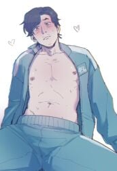 020276_10387141 black_hair blush brown_eyes chest facial_hair heart_symbol light-skinned_male long_hair looking_at_viewer male_only nervous seong_gi-hun shirt_open shirtless solo_focus squid_game sweatdrop track_jacket