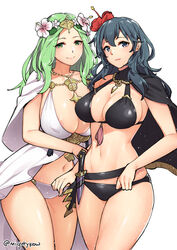 2girls alternate_costume ara_ara areola areola_peek areola_slip areolae bangs bare_arms bare_midriff bare_thighs belly big_breasts bikini black_bikini black_swimsuit blue_eyes blue_hair blush blushing breast_size_difference breasts byleth_(fire_emblem) byleth_(fire_emblem)_(female) byleth_(summer)_(fire_emblem)_(female) cape child_bearing_hips cleavage curvaceous curvy curvy_female curvy_figure female female_only fire_emblem fire_emblem:_three_houses fire_emblem_heroes flower flower_crown flower_in_hair ge-b gebyy-terar green_eyes green_hair hair_between_eyes hair_flower hair_ornament hips huge_breasts human human_only knife large_breasts looking_at_viewer looking_to_the_side loving_gaze loving_look mature mature_female midriff milf multiple_girls navel nintendo nipple_bulge rhea_(fire_emblem) rhea_(summer)_(fire_emblem) smile smiling smiling_at_viewer stomach stomach_bulge summer swimsuit thick thick_hips thick_thighs thighs twitter_username white_background white_bikini white_swimsuit wholesome wide_hips