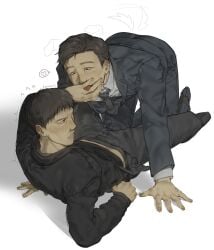 between_legs black_hair blush dog_ears dog_tail fully_clothed heart_symbol legs_apart licking_hand light-skinned_male male/male nervous seong_gi-hun short_hair squid_game straddling suit_and_tie temmmry3 the_recruiter_(squid_game) tongue_out trembling