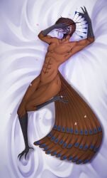 2023 abs absurd_res anthro arms_bent athletic athletic_anthro athletic_male avian avian_feet bedding bent_leg biped bird bird's-eye_view brown_body brown_feathers colored feathers femboy flaccid galliform genitals gitt half-closed_eyes hand_on_face heart_symbol hi_res high-angle_view looking_at_viewer luca_(lilbroomstick) lying male narrowed_eyes nude_anthro nude_male on_back open_mouth open_smile peafowl pecs penis phasianid pose purple_eyes seductive shaded slim smile solo tail tail_feathers