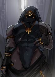 black_body capitano_(genshin_impact) chains cum_on_upper_body cuntboy cuntboy_only fatui genshin_impact hoodie_only hoyoverse looking_at_viewer looking_down nipples_visible_through_clothing panchyandmaggi pulling_down_pants pussy_juice pussy_juice_drip rule_63 six_pack solo solo_focus