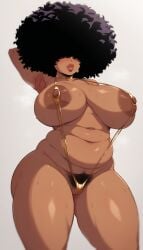 afro ai_generated armpits arms_up bikini dark-skinned_female dark_skin gigantic_breasts gold_sling_bikini hair_covering_eye hair_covering_eyes oc plump plump_butt plump_lips pubic_hair randomran sling_bikini sweat sweatdrop sweating sweaty thick_thighs thighs