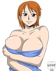 big_breasts brown_eyes female female_only godsarelost looking_at_viewer looking_pleasured nami one_piece oppai orange_hair white_background