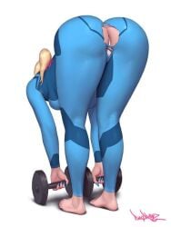 bent_over big_ass bimbo blonde_hair bottom_heavy dat_ass female female_focus female_only metroid nintendo panties pinkdrawz ripped_clothing samus_aran tight_clothing