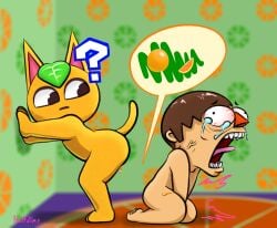 absurd_res animal_crossing anthro ass bodily_fluids cartoon_eyes crying domestic_cat duo eye_veins felid feline felis female funny_face genital_fluids genital_torture genitals half_dime hi_res holding_penis human humor leaf leaf_hair light_body light_skin male mammal nintendo nude orange_body pain penis plant plant_hair presenting presenting_hindquarters pseudo_hair question_mark screaming tail tangy_(animal_crossing) tears teeth tongue tongue_out vaginal_fluids villager_(animal_crossing)