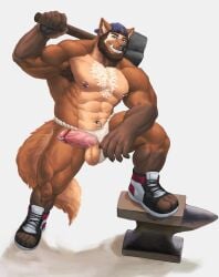 1boy 2021 abs absurd_res anthro anvil asian_clothing axe backwards_baseball_cap backwards_hat balls barbell_piercing baseball_cap blue_clothing blue_eyes blue_hat blue_headwear brown_body brown_fur brown_hair canid canine canis chest_tuft claws clothing clothing_aside cschales deltoids ear_piercing east_asian_clothing facial_piercing finger_claws footwear forearm_muscles fundoshi fundoshi_aside fur furgonomic_footwear furgonomics gauged_ear genital_piercing genitals hair hat headgear headwear hi_res holding_axe holding_object japanese_clothing male male_only mammal muscular muscular_anthro muscular_male muscular_thighs navel navel_piercing navel_ring newton_2305 nipple_barbell nipple_piercing nipples nose_piercing nose_ring obliques on_object pawpads pecs penis penis_piercing piercing prince_albert_piercing ring_piercing septum_piercing septum_ring shoes sneakers solo tail toe_claws toeless_footwear toeless_shoes tuft underwear underwear_aside vein veiny_penis white_clothing white_footwear white_fundoshi white_shoes white_underwear wolf