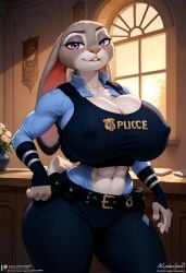 1girls ai_generated alternate_body_typ alternate_breast_size anthro big_breasts breasts bunny bunny_ears cleavage disney female female_only grey_body grey_fur huge_breasts judy_hopps large_breasts patmmp0102 purple_eyes sideboob solo underboob zootopia