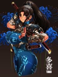 armor black_hair blue_bodysuit blue_flower blue_spider_lily bodysuit breasts brown_eyes character_name covered_erect_nipples female floral_background flower glowing_tattoo high_ponytail highres holding holding_sword holding_weapon kainan katana kuji-in large_breasts long_hair looking_at_viewer ponytail short_sword shoulder_armor solo soul_calibur spider_lily sword taki taki_(soulcalibur) tantou weapon