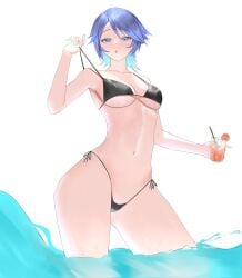 aqua_(kingdom_hearts) bikini blue_eyes drinking female kingdom_hearts kingdom_hearts_birth_by_sleep looking_at_viewer plain_background redfoxxx0 simple_background white_background