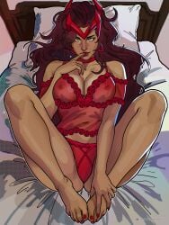 1girls earrings female foot foot_fetish green_eyes lace lingerie marvel_rivals nymphennoten on_back on_bed panties red_clothing red_hair red_nails red_toenails scarlet_witch scarlet_witch_(marvel_rivals) solo toenails toes wanda_maximoff