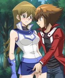 1boy 1girls ai_generated alexis_rhodes asuka_tenjoin blonde_hair brown_eyes fingering forest futos9669 jaden_yuki long_hair straight yu-gi-oh! yu-gi-oh!_gx