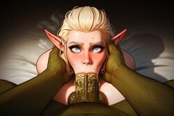 ai_generated blonde_hair blue_eyes blush choking choking_on_cock deepthroat elf elf_ears elf_female eye_contact fantasy green_body green_penis holding_head huge_cock interspecies large_breasts large_penis larger_male long_hair looking_at_viewer looking_up monster_cock nude orc orc_male pale-skinned_female pale_skin pov pov_eye_contact pov_male smegma steam submissive submissive_female unwashed_penis veiny_penis