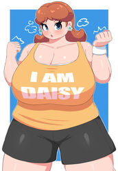 alternate_breast_size bbw black_shorts blush braffy brown_hair clenched_fists determined exhausted fat female female_only flower_earrings huge_breasts looking_at_viewer mario_(series) nintendo overweight pac-man_eyes princess_daisy slightly_chubby sports_bra voluptuous yellow_shirt