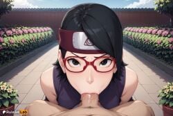 1boy 1boy1girl 1girls :>= ai_generated alley artist_name bare_shoulders black_eyes black_hair blowjob blush boruto:_naruto_next_generations clothed_female_nude_male day erection fellatio flower forehead_protector from_above glasses headband hi_res konohagakure_symbol looking_at_viewer male_pubic_hair naruto naruto_(series) nude oral outdoors patreon_logo penis pov pov_crotch pubic_hair public_indecency red-framed_eyewear red_headband rule34lab saliva sarada_uchiha short_hair sleeveless solo_focus straight uncensored