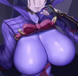 arm_guards armor black_gloves bodysuit breast_focus breasts cleavage close-up clothing eu03 fate/grand_order fate_(series) female female fingerless_gloves gloves head_out_of_frame huge_breasts kote large_breasts long_hair looking_at_viewer minamoto_no_raikou_(fate) minamoto_no_raikou_(fate/grand_order) parted_lips purple_bodysuit purple_eyes purple_hair ribbed_sleeves rope smile solo very_long_hair