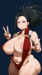 1girls ai_generated cameltoe female gigantic_breasts hero_outfit_(mha) momo_yaoyorozu momo_yaoyorozu_(hero_outfit) my_hero_academia peace_sign solo solo_female solo_focus