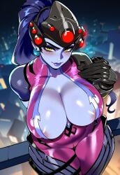 ai_generated arm_behind_back ass ass_focus big_ass big_breasts big_butt big_thighs cleavage clothing curvy curvy_female curvy_figure dijiai female female_only focus from_above from_front_position front_view hand_on_breast hourglass_figure light_blush long_hair looking_at_viewer night nipple_slip nsfw outdoors overwatch ponytail purple_hair pussy round_ass round_butt smiling standing thiccwithaq_(ai_style) thick thick_ass thick_butt thick_legs thick_thighs thighs wide_hips widowmaker yellow_eyes