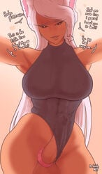 1futa animal_ears balls big_breasts blush bulge bunny_ears bunny_girl clothed clothing cock_ring dark-skinned_futanari dark_skin dialogue erection erection_under_clothes futa_only futanari handsfree_ejaculation humanoid humanoid_penis kemonomimi large_breasts leotard looking_at_partner looking_at_viewer looking_down miruko my_hero_academia parkdale partially_clothed penis penis_under_clothes precum precum_through_clothing rabbit_humanoid rumi_usagiyama solo standing talking_to_viewer testicles