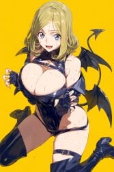 ai_generated bare_thighs blonde_hair blue_eyes code_geass gigantic_breasts huge_breasts huge_thighs light-skinned_female light_skin long_hair looking_at_viewer massive_breasts milly_ashford smiling solo_female squatting succubus succubus_tail succubus_wings sweat sweatdrop terta_(artist) thick_body thick_female thick_thighs thighs voluptuous voluptuous_female