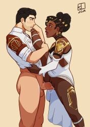 1boy 1girls arcane dark-skinned_female dark_skin dress_lift hornyjaillifer interracial jayce_talis league_of_legends mel_medarda sex standing standing_sex vaginal_penetration