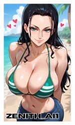 ai_generated beach big_breasts black_hair breasts green_eyes huge_ass navel nico_robin one_piece sweat sweatdrop zenithai