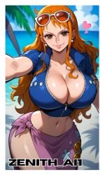 ai_generated beach big_breasts breasts brown_hair clothing female female_only huge_ass nami nami_(one_piece) navel nico_robin_(cosplay) one_piece orange_hair zenithai