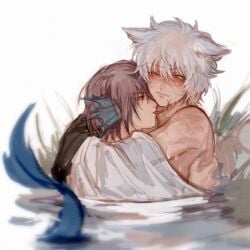 2boys arms_around_neck blush deng_810 ear_fins embrace forked_tongue fox_boy fox_ears gay gintama gintoki_sakata implied_sex kitsune licking long_tongue male male_only merfolk merman no_visible_genitalia official_alternate_costume one_eye_closed partially_submerged sweat takasugi_shinsuke tongue_out upper_body water wet_body wet_skin white_hair yaoi youkai