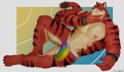 2024 abs anthro biceps big_bulge border bulge clothed clothing deltoids facial_piercing felid grin grinning_at_viewer hand_on_chin hi_res jockstrap jockstrap_only lgbt_pride looking_at_viewer lying male male_focus male_only mammal muscular muscular_arms muscular_legs nipple_piercing nipples nose_piercing nose_ring on_side pantherine pecs piercing pride_colors rainbow_colors rainbow_jockstrap reclining ring_piercing simple_background smile solo tiger topless triceps underwear underwear_only white_border wristband xevier_gilbert yaoi