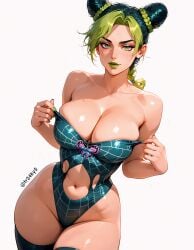 ai_generated cleavage fr34ky hair_buns huge_breasts jojo's_bizarre_adventure jolyne_kujo leotard thighhighs