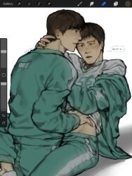 between_legs black_hair brown_eyes brown_hair grinding hand_on_neck hand_on_stomach hwang_in-ho legs_apart legs_around_partner male/male midriff seong_gi-hun shirt_lift shirt_up squid_game text text_bubble track_jacket yaoi