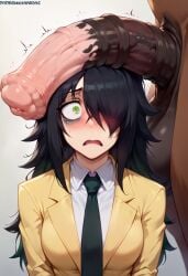 ai_generated black_hair blush clothed clothed_female_nude_male horsecock kuroki_tomoko messy_hair penis_on_head shocked