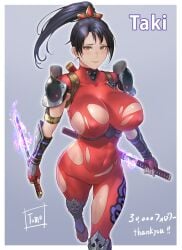 1girls absurdres arm_guards armor black_hair blush bodysuit breasts commentary_request covered_erect_nipples covered_navel dual_wielding female female_only fingerless_gloves flying_sweatdrops gloves highres holding holding_sword holding_weapon kodachi large_breasts long_hair ninja ponytail red_bodysuit short_sword shoulder_armor skin_tight sleeveless sleeveless_bodysuit solo solo_female soul_calibur soul_calibur_ii sweat sword taki tomo_eokaiteru torn_bodysuit torn_clothes weapon