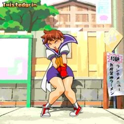 1girls 2d 2d_animation accidental_exposure animated ass blush_sticker bottomless casual clothing embarrassed enf female footwear handwear headwear human martial_arts no_panties no_pubic_hair pale_skin public pussy sakura_kasugano street_fighter tagme tomboy twistedgrim