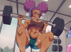 2025 abs absurd_res big_breasts camel_toe clothing dark_skin deathzera digital_media_(artwork) headphones low-angle_view muscular muscular_female original_character signature squatting steaming_body sweating tagme weightlifting