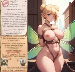 ai_generated anime big_breasts big_breasts big_breasts blonde_hair bondage bondage bounty_hunters dragonfly_wings edited fairy fantasy female fictional green_eyes hair_buns market naked nude photoshop pointy_ears requested roleplay ropes slave slavegirl slavery waifu